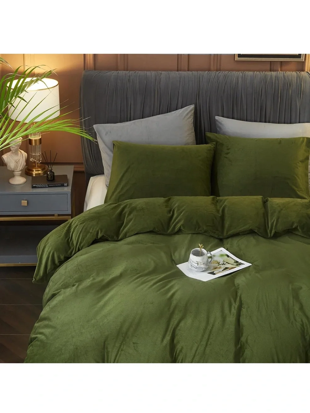 Plush Velvet Olive Green Velvet Duvet Cover Comforter Set - Luxury Home Bedding
